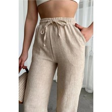 Lavida Kadın Keten Karışımlı Beli Lastikli Tiril Yazlık Cepli Pantolon