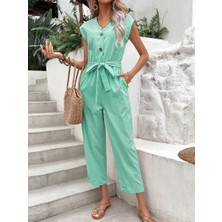 Su Yeşili Keten Kadın V Yaka Tek Sıra Düğmeli Kolsuz Tulum