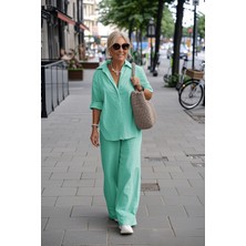 Su Yeşili Keten Günlük Ikili Takım Alt Üst