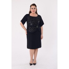 Büyük Beden Siyah Renkli Payetli Krep Abiye Elbise