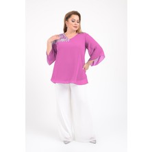 Büyük Beden Pembe Renkli Şifon V Yaka Abiye Bluz
