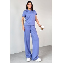 TKM-03690 Lila Polo Yaka Bluz Salaş Pantolon Ikili Takım