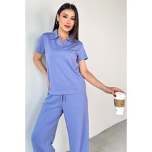 TKM-03690 Lila Polo Yaka Bluz Salaş Pantolon Ikili Takım