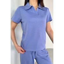 TKM-03690 Lila Polo Yaka Bluz Salaş Pantolon Ikili Takım