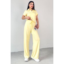 TKM-03690 Sarı Polo Yaka Bluz Salaş Pantolon Ikili Takım