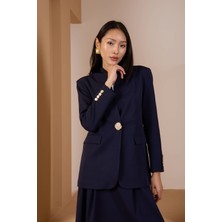 Lacivert Salaş Kesim Düğme Detaylı Dokuma Blazer Ceket