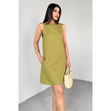ELB-01779 Yağ Yeşili Keten Sırt Dekolteli Mini Elbise