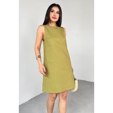 ELB-01779 Yağ Yeşili Keten Sırt Dekolteli Mini Elbise