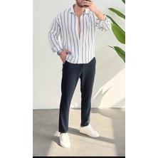 Erkek Keten Çizgili Yeni Sezon Oversize Gömlek
