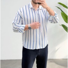 Erkek Keten Çizgili Yeni Sezon Oversize Gömlek