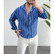 Erkek Keten Çizgili Yeni Sezon Oversize Gömlek