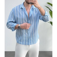 Erkek Keten Çizgili Yeni Sezon Oversize Gömlek