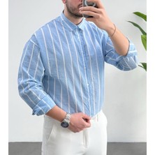 Erkek Keten Çizgili Yeni Sezon Oversize Gömlek