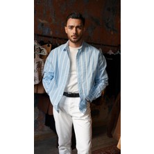 Erkek Keten Çizgili Yeni Sezon Oversize Gömlek