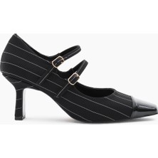 Kadın Siyah Neolit Taban Çift Tokalı Çizgili Desen Sivri Burunlu Topuklu Ayakkabı