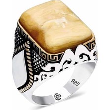 ​Gümüş Kehribar Taşlı Köşeli Erkek Yüzük