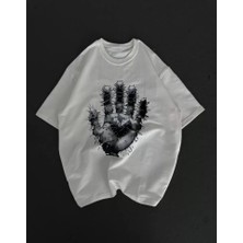 Nidam Butik Unisex Bisiklet Yaka Baskılı Oversize T-Shirt - Beyaz