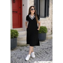Nidam Butik Kadın Kısa Kollu V Yaka Kol ve Yaka Ribana Detay Midi Boy Viskon Elbise