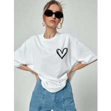 Nidam Butik Bisiklet Yaka Baskılı Oversize T-Shirt - Beyaz