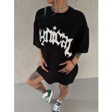 Nidam Butik Unisex Bisiklet Yaka Baskılı Oversize T-Shirt - Siyah