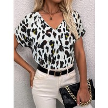 Nidam Butik Kadın Kısa Kollu V Yaka Leopar Desen Krep Bluz