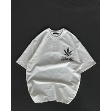 Nidam Butik Unisex Bisiklet Yaka Baskılı Oversize T-Shirt - Beyaz