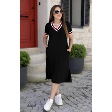 Nidam Butik Kadın Kısa Kollu V Yaka ve Yaka Ribana Detay Midiboy Viskon Elbise