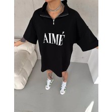 Nidam Butik Unisex Yarım Fermuarlı Baskılı T-Shirt - Siyah