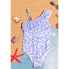 Kız Çocuk Leopar Desenli Fırfırlı Mor Mayo