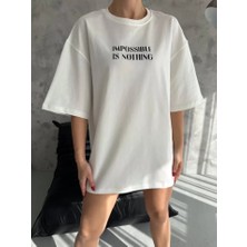 Nidam Butik Unisex Bisiklet Yaka Baskılı Oversize T-Shirt - Beyaz