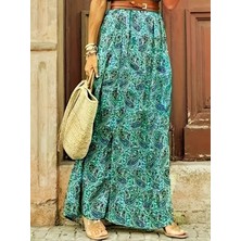 Nidam Butik Kadın Kısa Kollu V Yaka Etnik Desenli Yırtmaç Detay Süprem Elbise (Kemersiz)