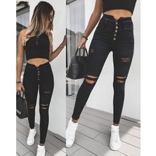 Nidam Butik Kadın 5 Düğmeli V Detay Bel Yırtık Kot Pantolon