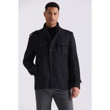 Jakamen Siyah  Slim Fit Hakim Yaka Erkek Kaban