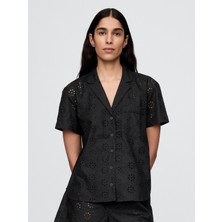 Gap Kadın Siyah Eyelet Poplin Pijama Üstü
