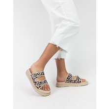 Gdt Ayakkabı Bej Renk Leopar Desen Düz Taban Kadın Terlik