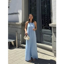 Bebe Mavisi Askılı Keten Maxi Elbise