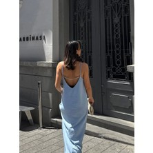Bebe Mavisi Askılı Keten Maxi Elbise