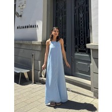 Bebe Mavisi Askılı Keten Maxi Elbise