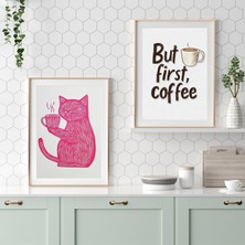 Pembe Kedi Kahve Duvar Sanatı – Linolyum Baskı Tarzı Komik Kedi Poster, Mutfak Veya Ofis Dekoru