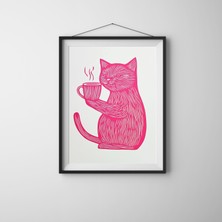 Pembe Kedi Kahve Duvar Sanatı – Linolyum Baskı Tarzı Komik Kedi Poster, Mutfak Veya Ofis Dekoru