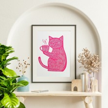 Pembe Kedi Kahve Duvar Sanatı – Linolyum Baskı Tarzı Komik Kedi Poster, Mutfak Veya Ofis Dekoru