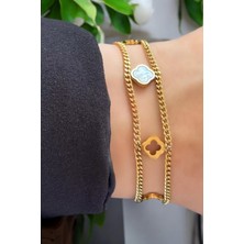 Çift Zincirli Yonca Charm Gold Çelik Bileklik
