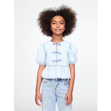 Gap Kız Çocuk Açık Mavi Denim Fırfırlı Peplum Bluz
