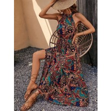 Kadın Kolsuz Halter Yaka Beli Lastikliotantik Desenli Mikro Kumaş Elbise