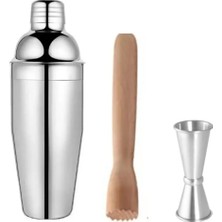 Metal Shaker 350 ml + 3/6 cl Jigger + Ahşap Mojito Tokmağı Bar Seti Kokteyl Shaker Tokmak Seti