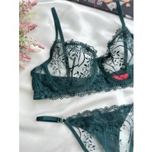 Koyu Yeşil Büyük Beden C Cup Dantelli Brode Iç Çamaşır Takımı Bralette (Balenli Sütyen &tanga)