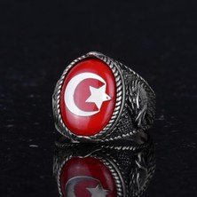 Erkek Ay Yıldız Kartal Yüzük - 925 Ayar Gümüş Yüzük - Hilal ve Yıldız Tasarımı - Türk Ay Yıldız Bayrağı Kartal Tasarım Yüzük (Kırmızı)