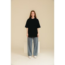 Guaraz Kadın Siyah Oversize Bisiklet Yaka %100 Pamuk Düz Basic Yazlık T-Shirt