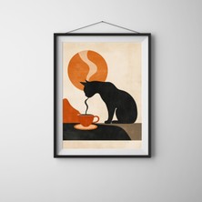 Kahve Temalı - 3’lü Minimal Kedi Poster Seti - Retro Sanat Seti