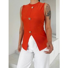 Kadın Turuncu Bisiklet Yaka Gold Düğmeli Ottoman Bluz S2310